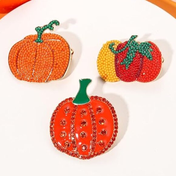 NEW Brooches Pins Lot of 3 Beaded & Enamel Painted Pumpkin Fall Thanksgiving - Picture 3 of 4